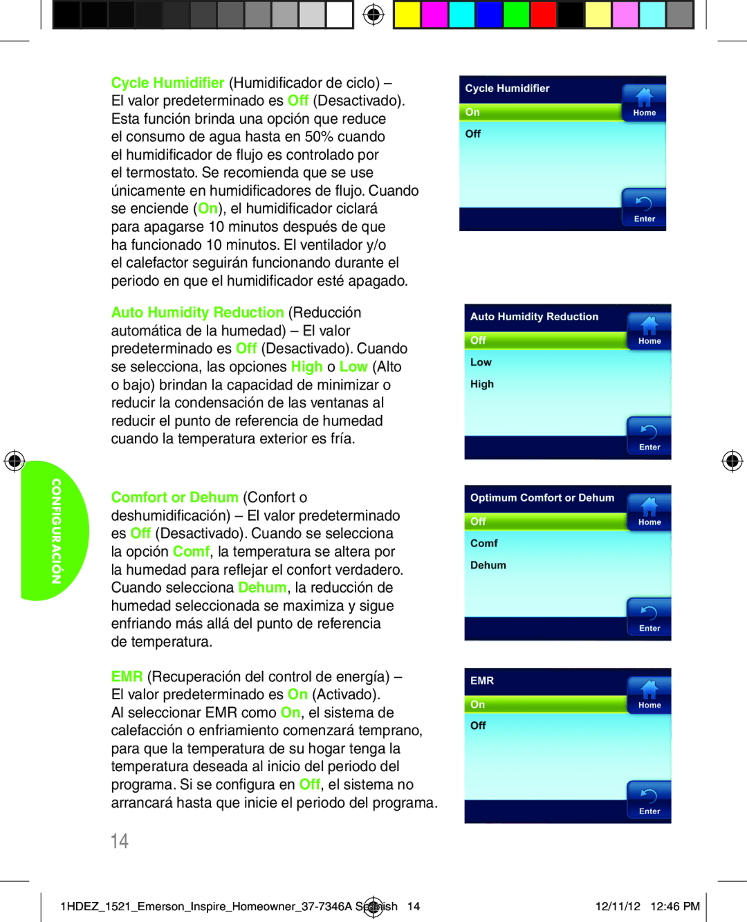 Emerson 1HDEZ-1521 manual Configuración 