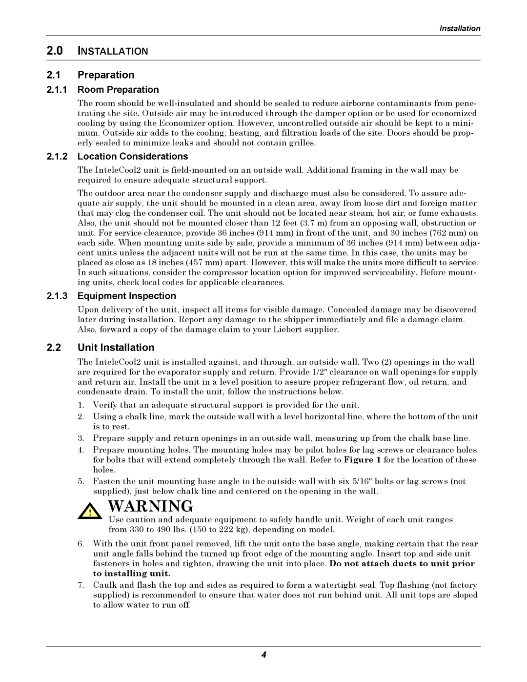 Emerson 2 user manual Unit Installation, Room Preparation, Location Considerations, Equipment Inspection 