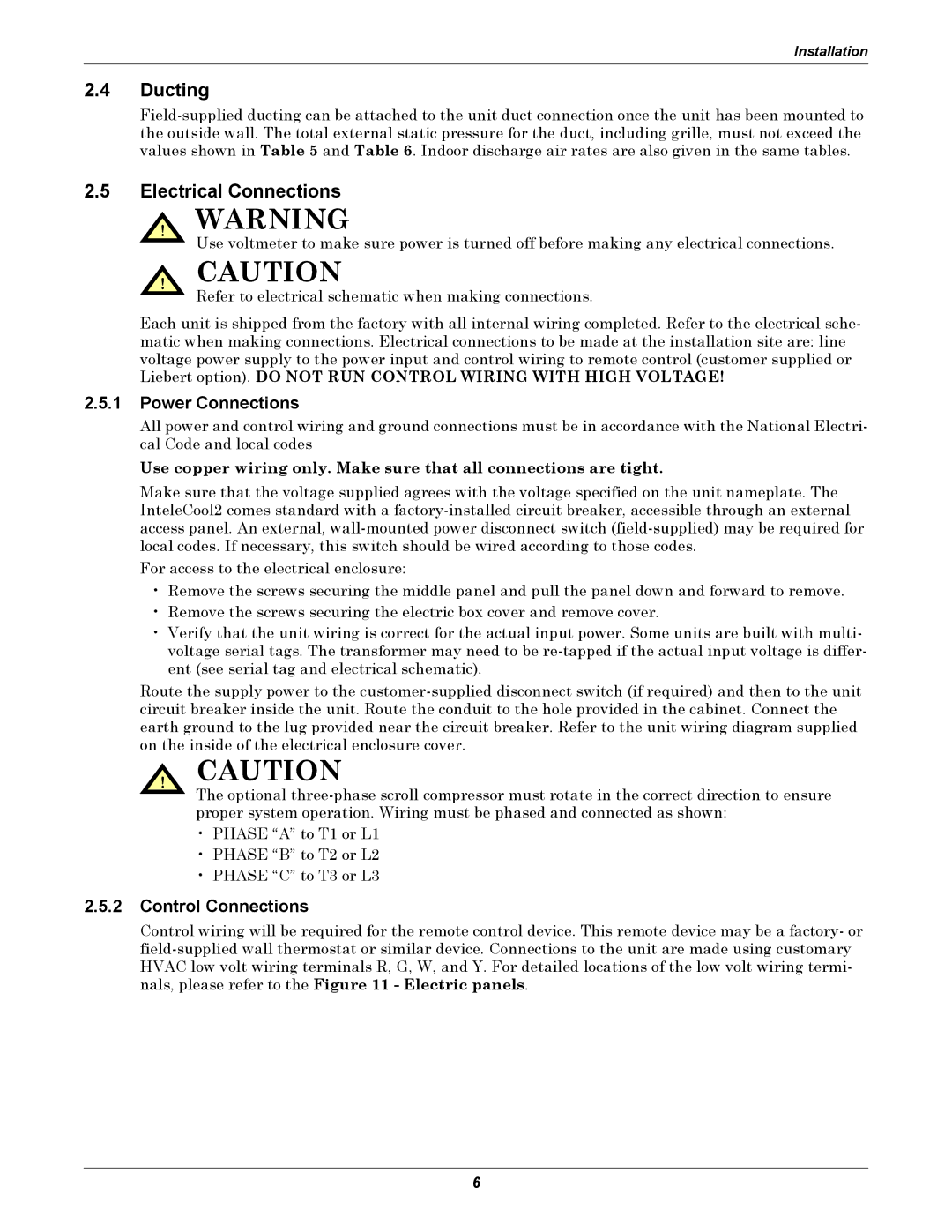 Emerson 2 user manual Ducting, Electrical Connections, Power Connections, Control Connections 