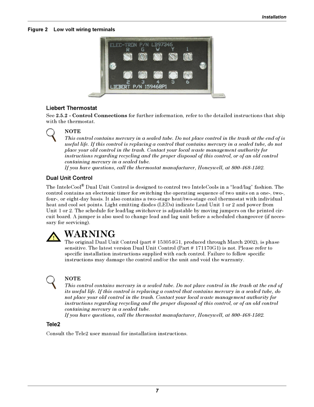 Emerson user manual Liebert Thermostat, Tele2 