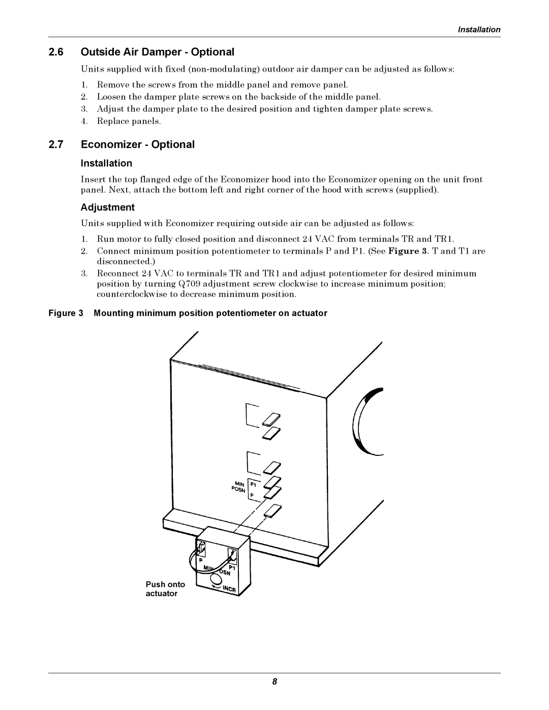 Emerson 2 user manual Outside Air Damper Optional, Economizer Optional, Installation, Adjustment, Push onto actuator 