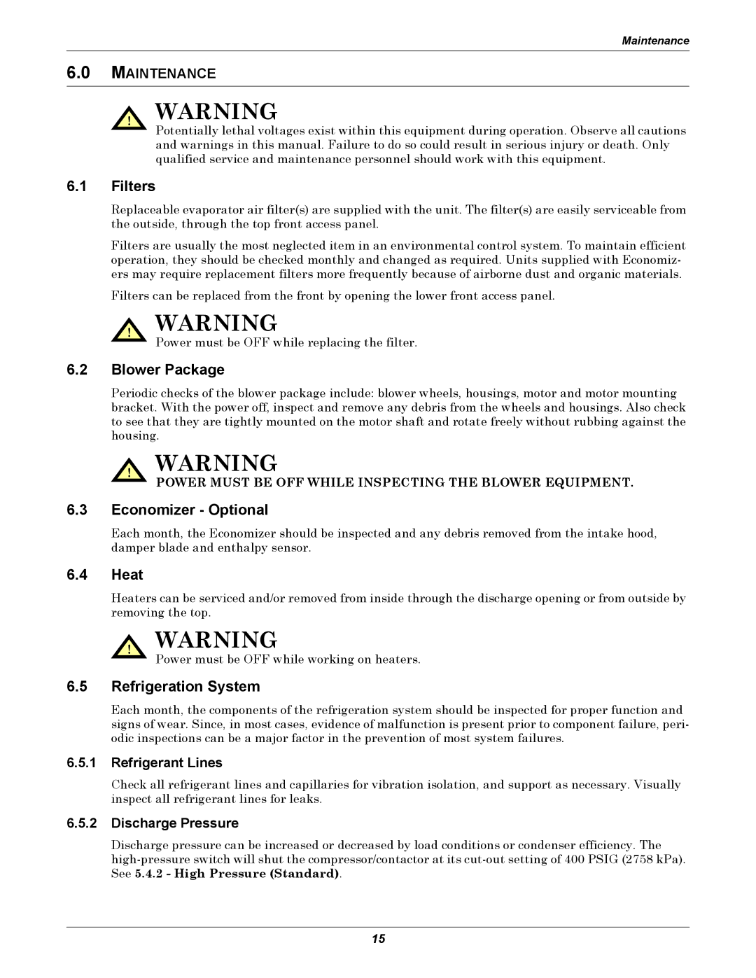 Emerson 2 user manual Filters, Blower Package, Heat, Refrigeration System 