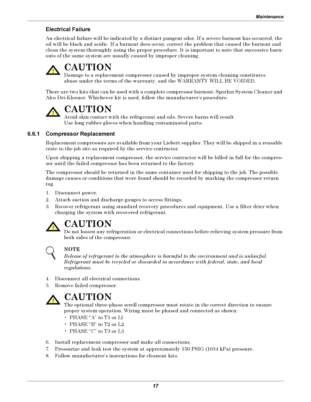 Emerson 2 user manual Electrical Failure, Compressor Replacement 