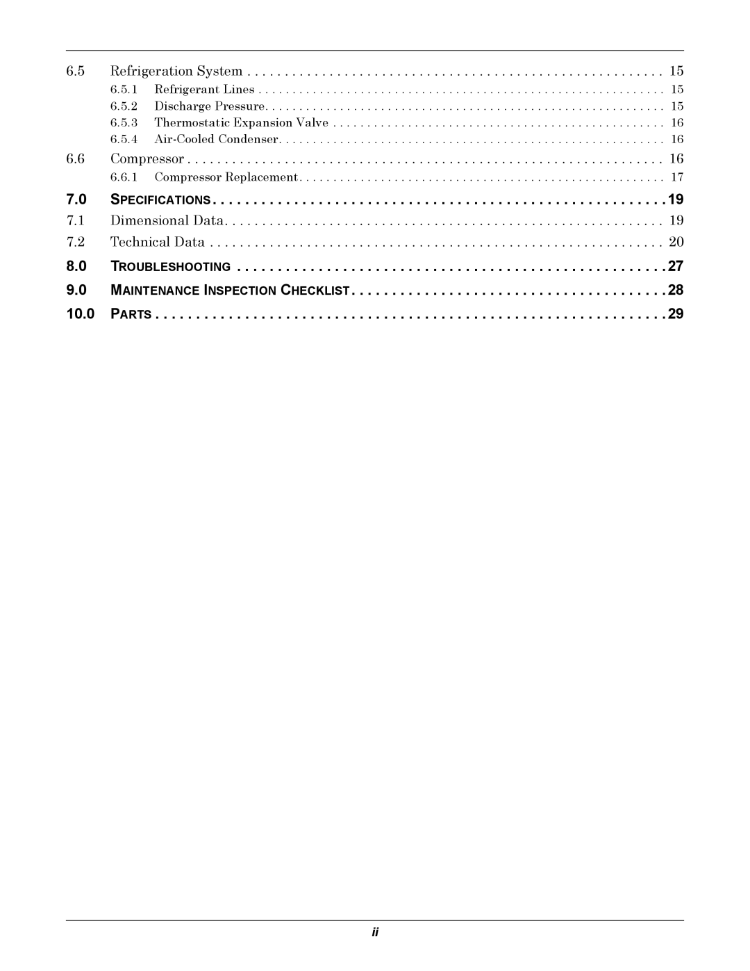 Emerson 2 user manual Specifications, Troubleshooting Maintenance Inspection Checklist Parts 