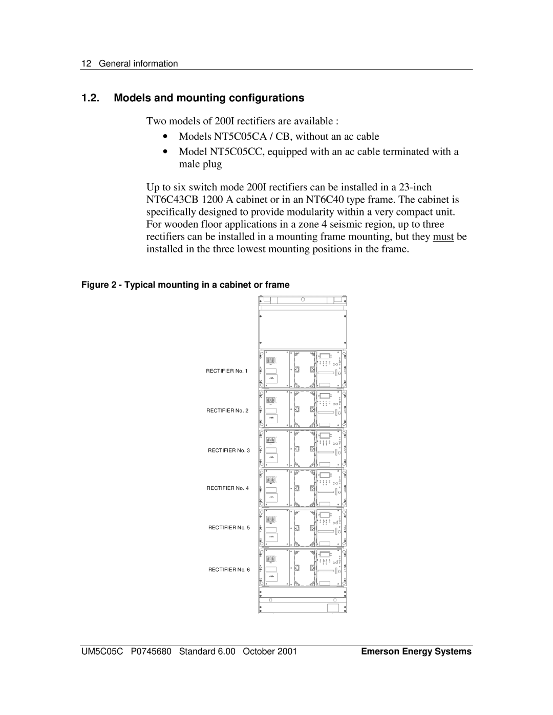 Emerson 200I/48-NT5C05C user manual Models and mounting configurations, Typical mounting in a cabinet or frame 