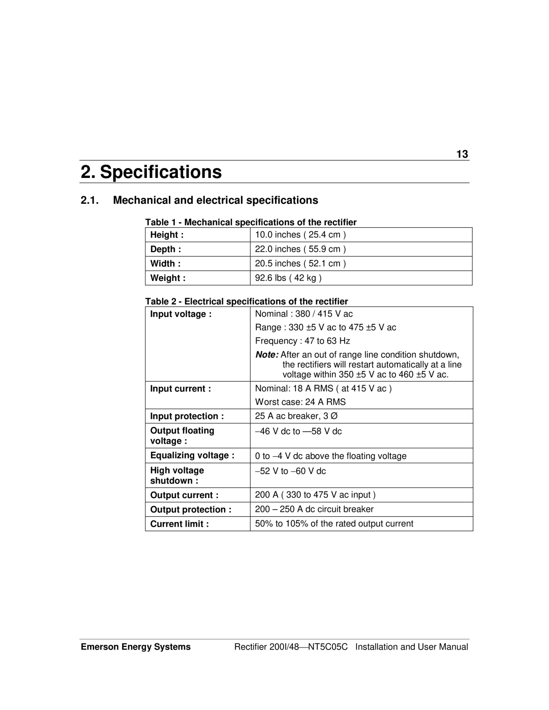 Emerson 200I/48-NT5C05C user manual Specifications, Mechanical and electrical specifications 