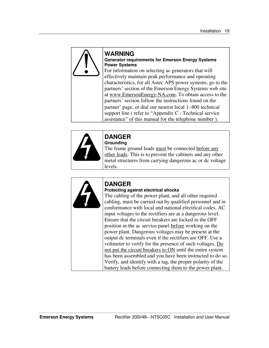 Emerson 200I/48-NT5C05C user manual Protecting against electrical shocks 