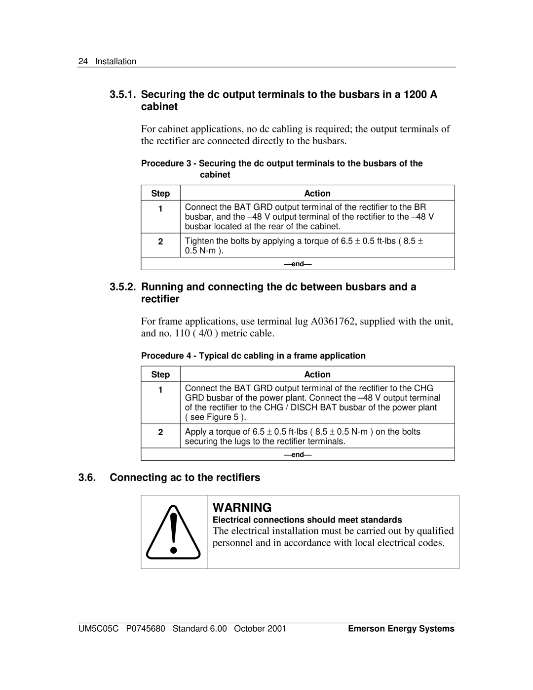 Emerson 200I/48-NT5C05C user manual Connecting ac to the rectifiers, Electrical connections should meet standards 