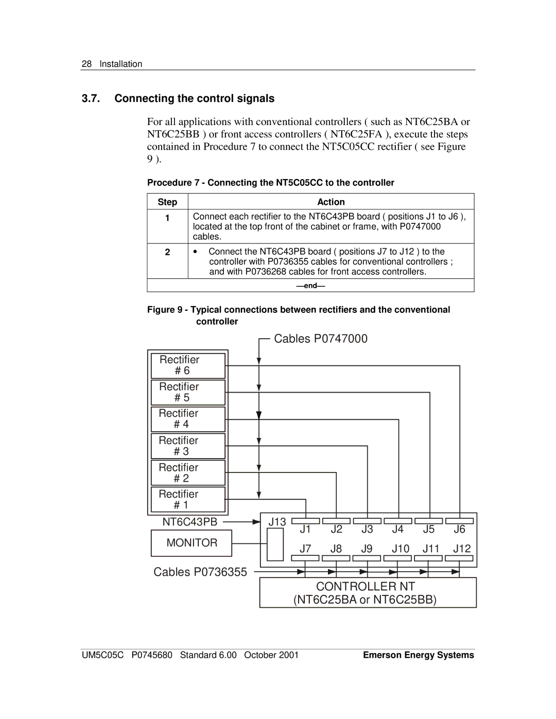 Emerson 200I/48-NT5C05C user manual Controller NT NT6C25BA or NT6C25BB, Connecting the control signals 