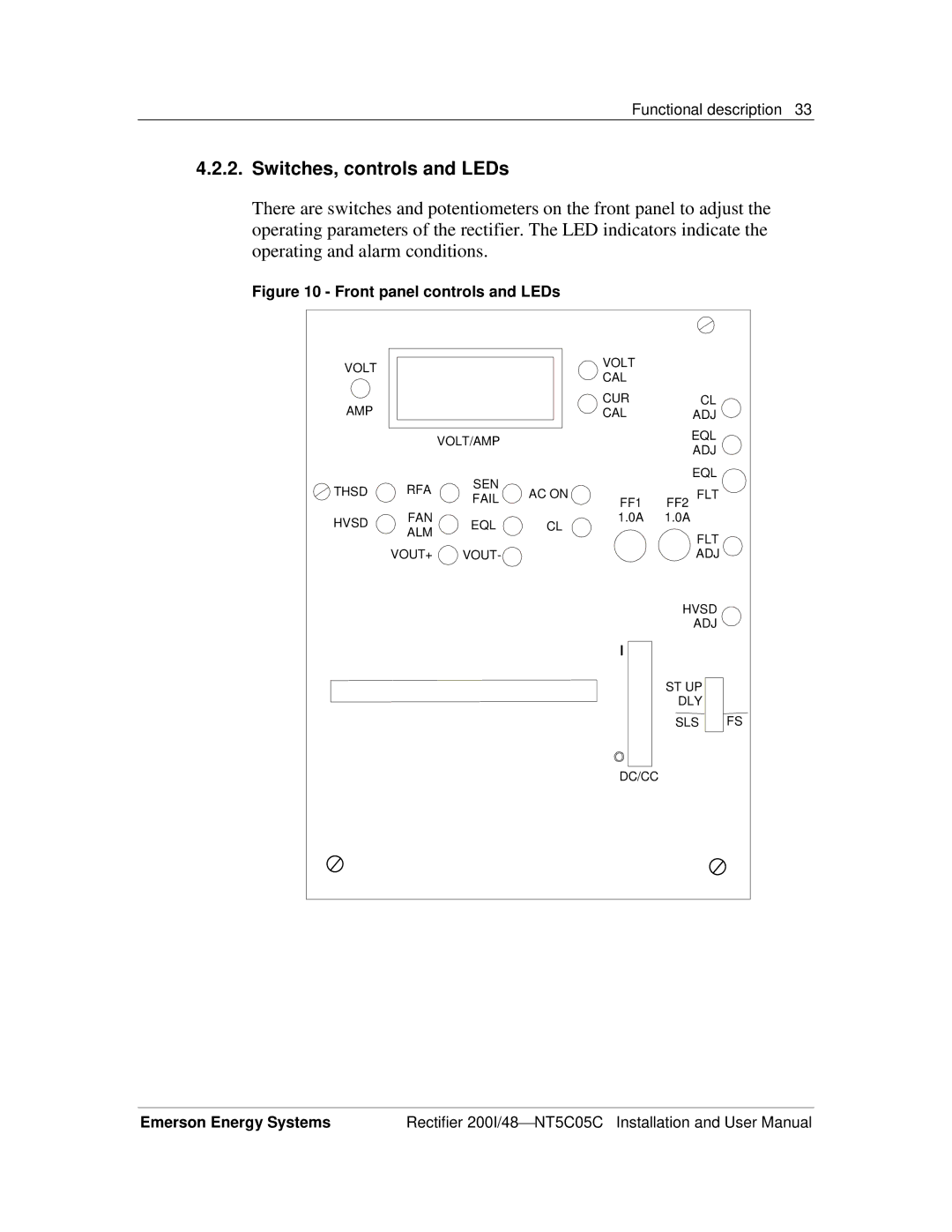 Emerson 200I/48-NT5C05C user manual Switches, controls and LEDs, Front panel controls and LEDs 