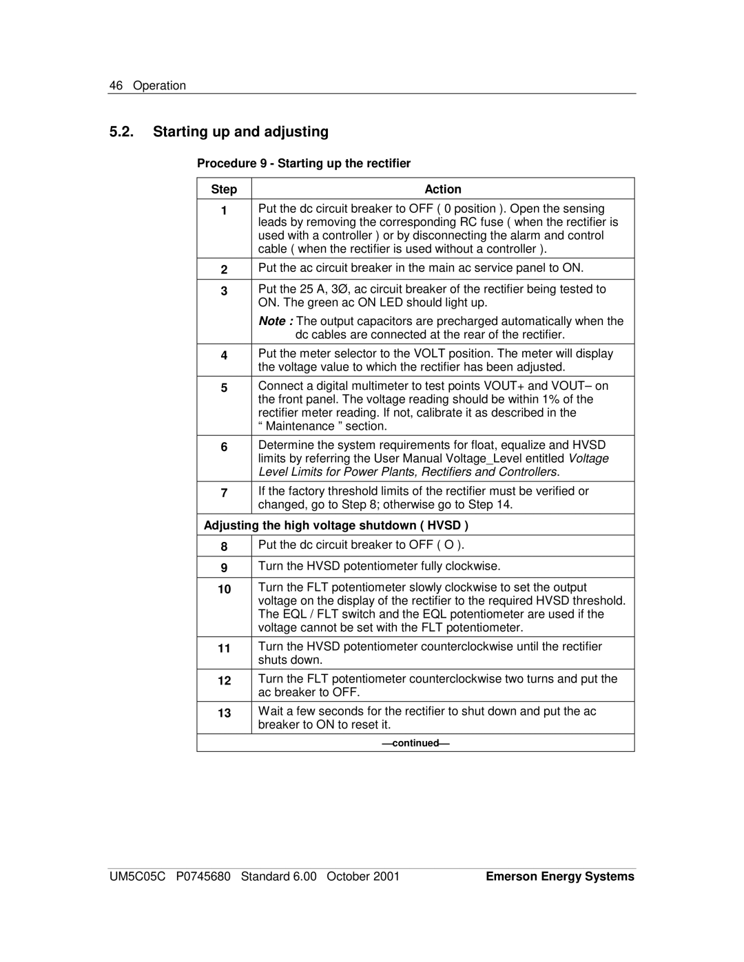 Emerson 200I/48-NT5C05C user manual Starting up and adjusting, Procedure 9 Starting up the rectifier Step Action 