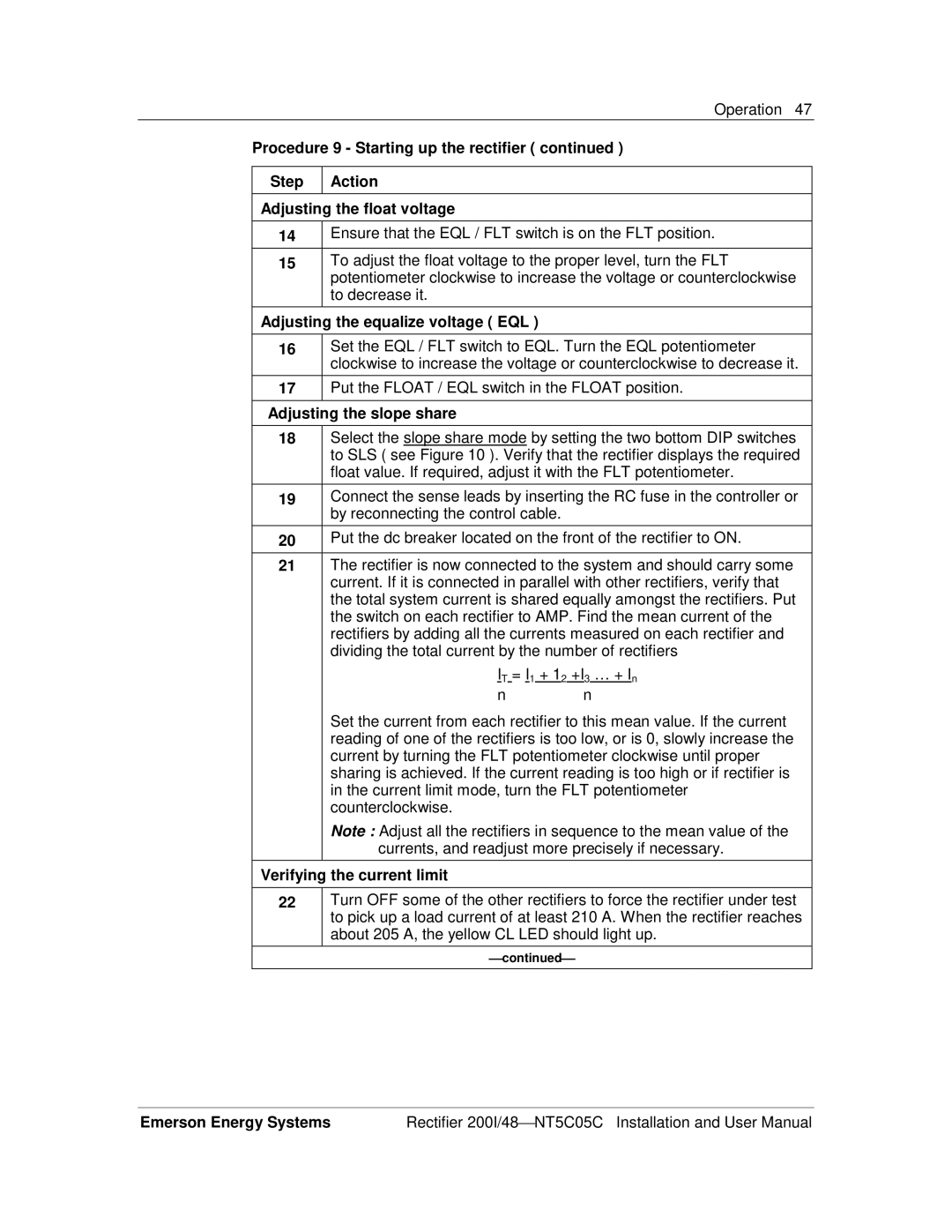 Emerson 200I/48-NT5C05C Adjusting the equalize voltage EQL, Adjusting the slope share, Verifying the current limit 