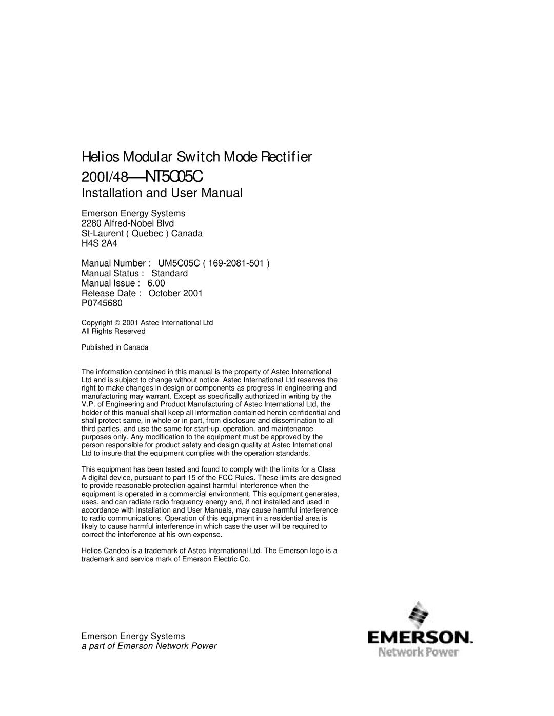 Emerson 200I/48-NT5C05C user manual Helios Modular Switch Mode Rectifier 200I/48 NT5C05C 