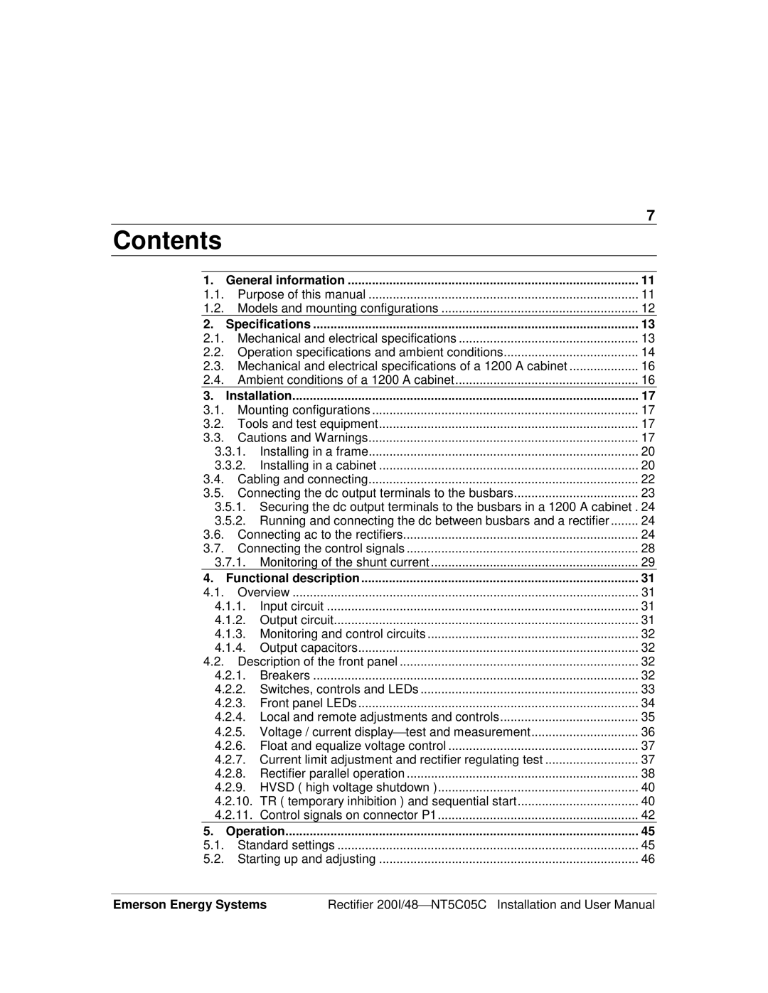 Emerson 200I/48-NT5C05C user manual Contents 