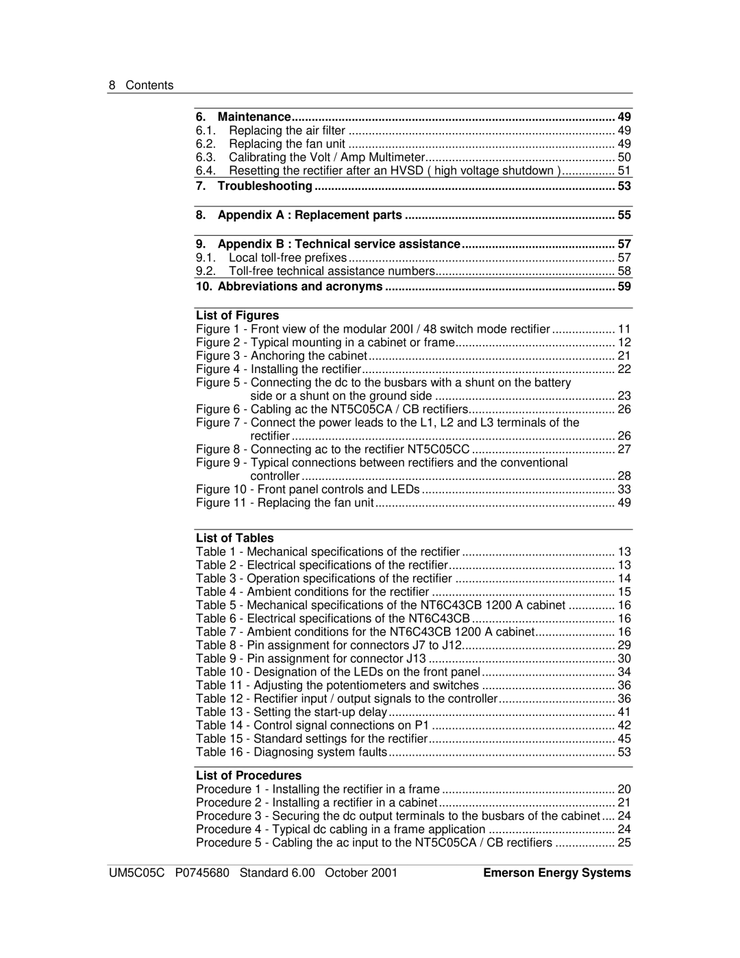 Emerson 200I/48-NT5C05C user manual List of Figures, List of Tables, List of Procedures 