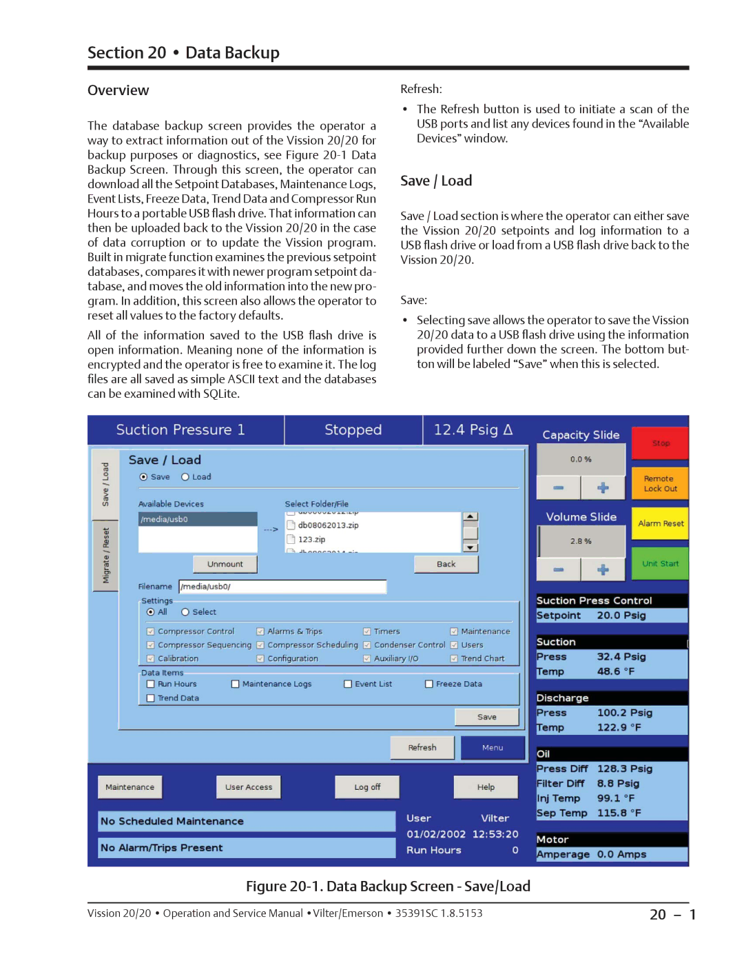 Emerson 20/20 service manual Data Backup, Save / Load 