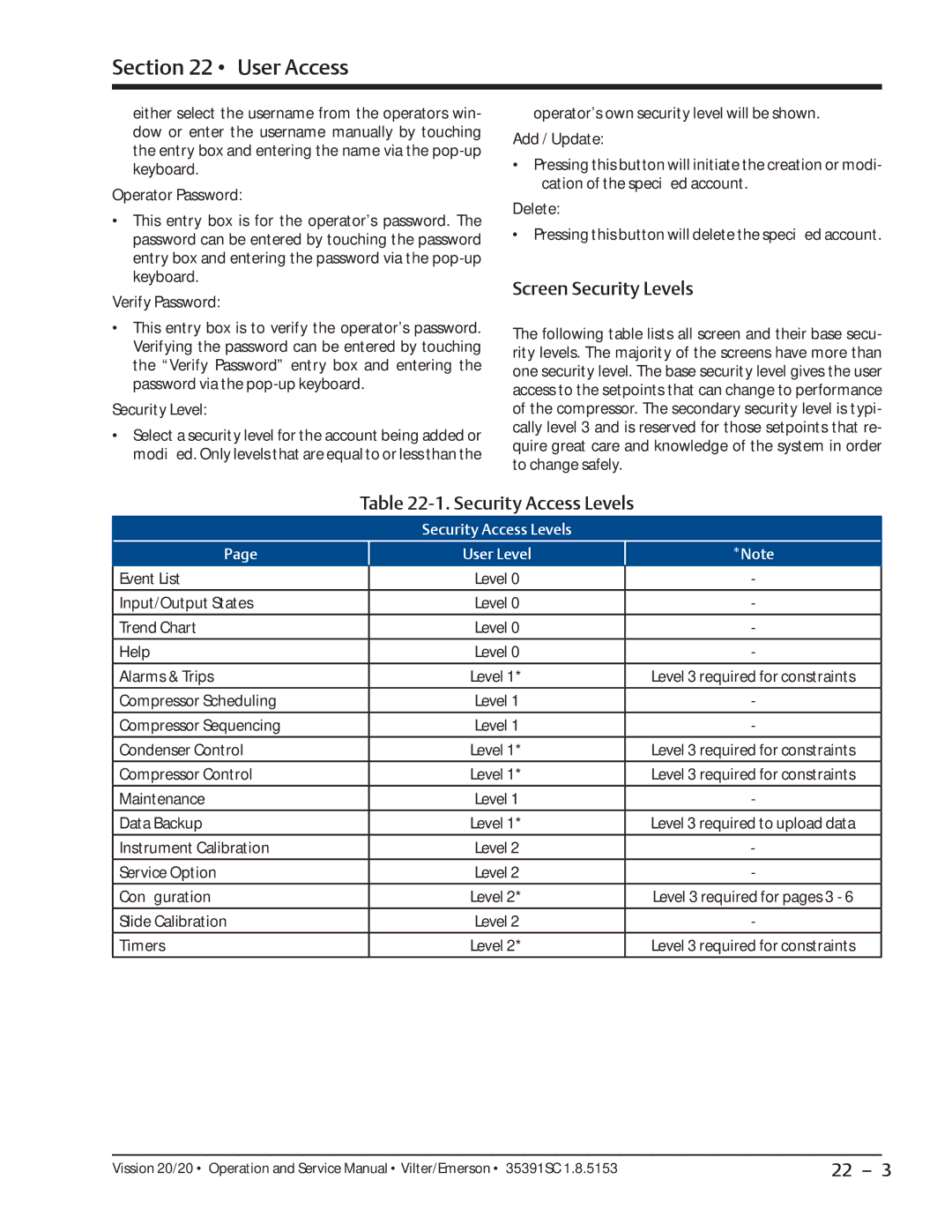 Emerson 20/20 service manual Screen Security Levels, Security Access Levels 