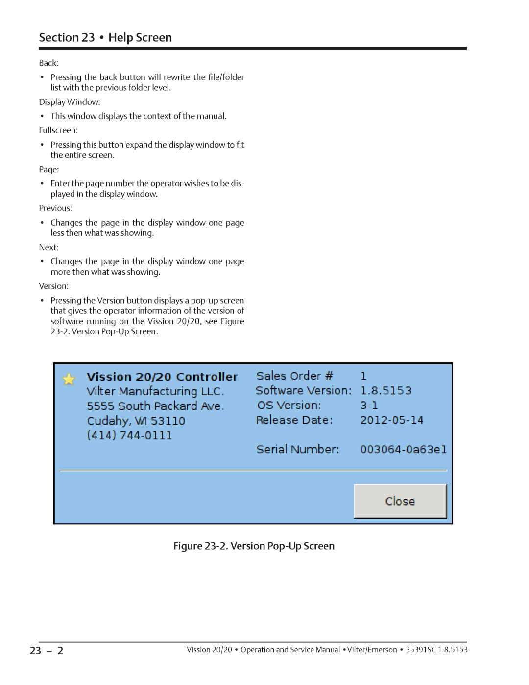 Emerson 20/20 service manual Version Pop-Up Screen 