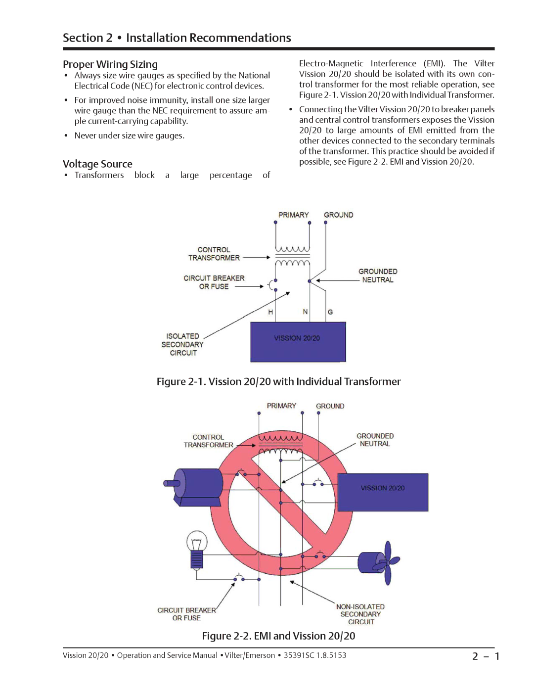 Emerson 20/20 service manual Installation Recommendations, Proper Wiring Sizing, Voltage Source 