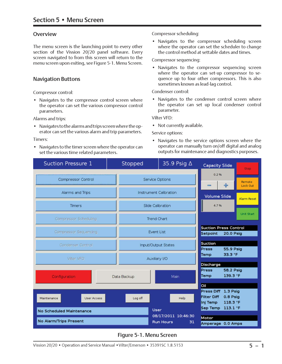 Emerson 20/20 service manual Menu Screen, Navigation Buttons 