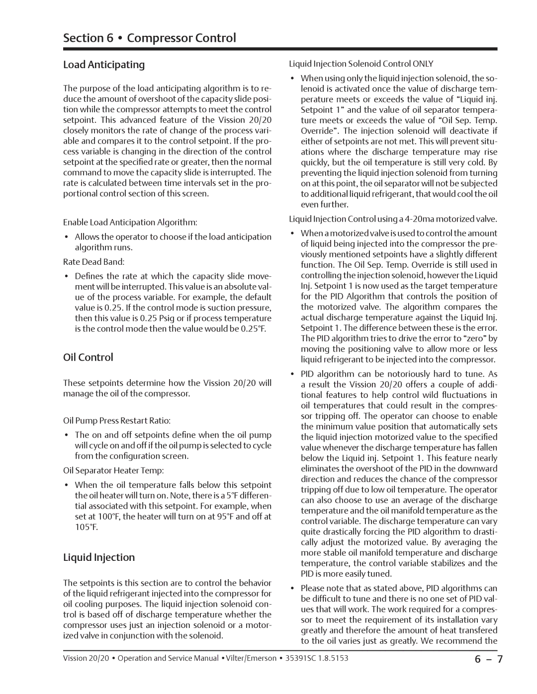 Emerson 20/20 service manual Load Anticipating, Oil Control, Liquid Injection 