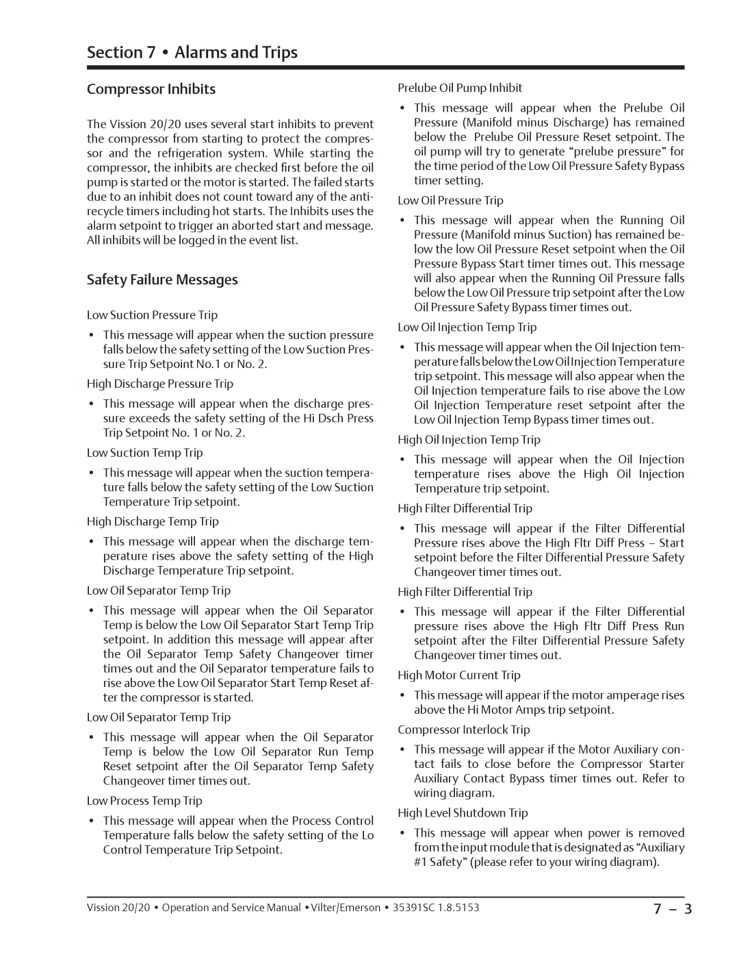 Emerson 20/20 service manual Compressor Inhibits, Safety Failure Messages 