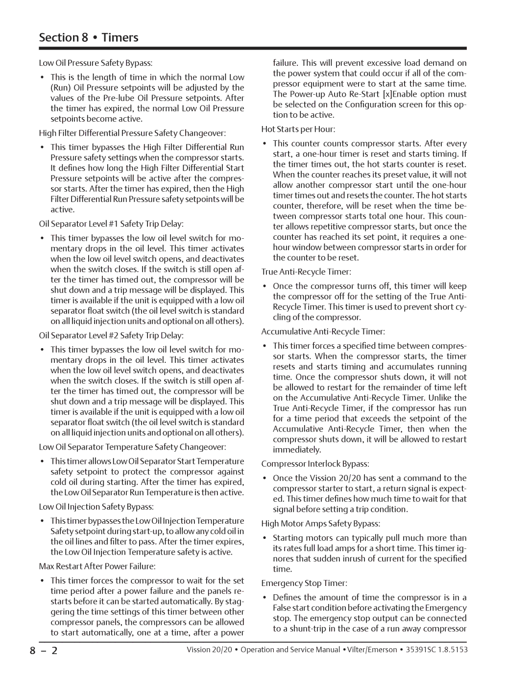 Emerson 20/20 service manual Oil Separator Level #2 Safety Trip Delay 