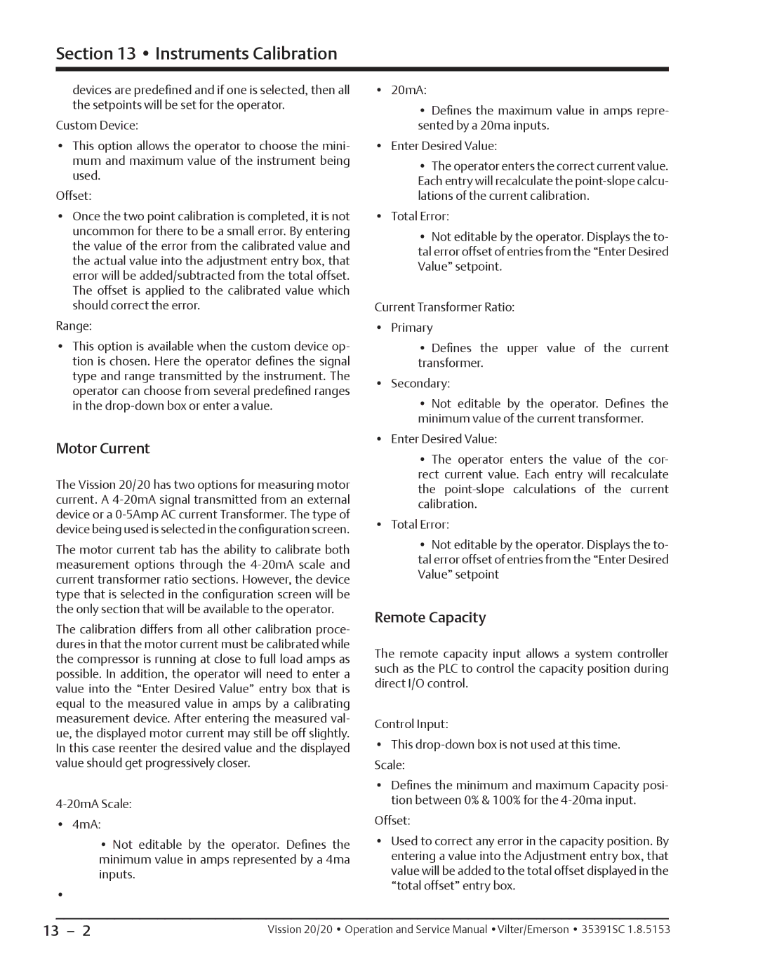 Emerson 20/20 service manual Motor Current, Remote Capacity 