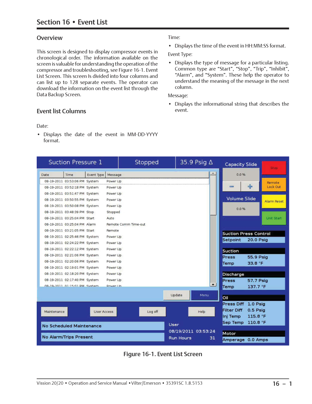 Emerson 20/20 service manual Event List, Event list Columns 