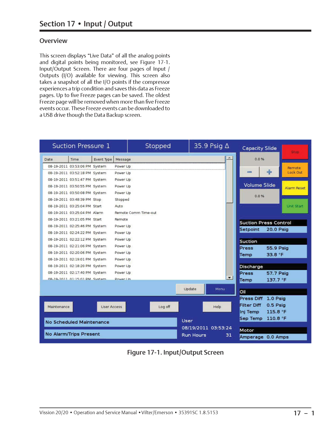 Emerson 20/20 service manual Input / Output, Input/Output Screen 