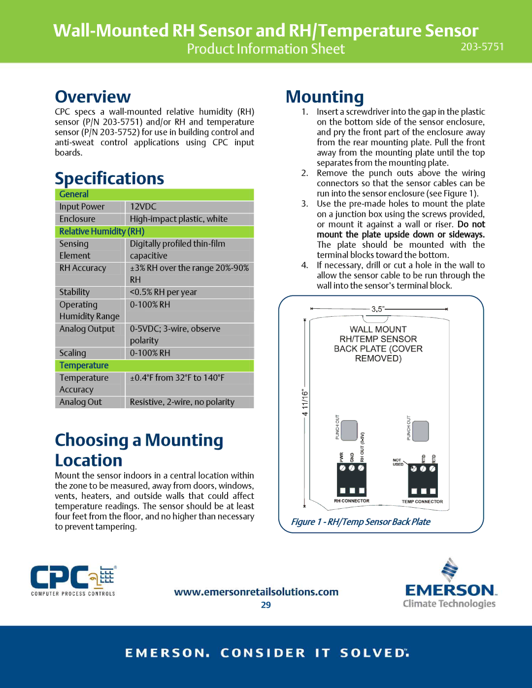 Emerson 203-5751 specifications Wall-Mounted RH Sensor and RH/Temperature Sensor, Overview, Specifications, Mounting 