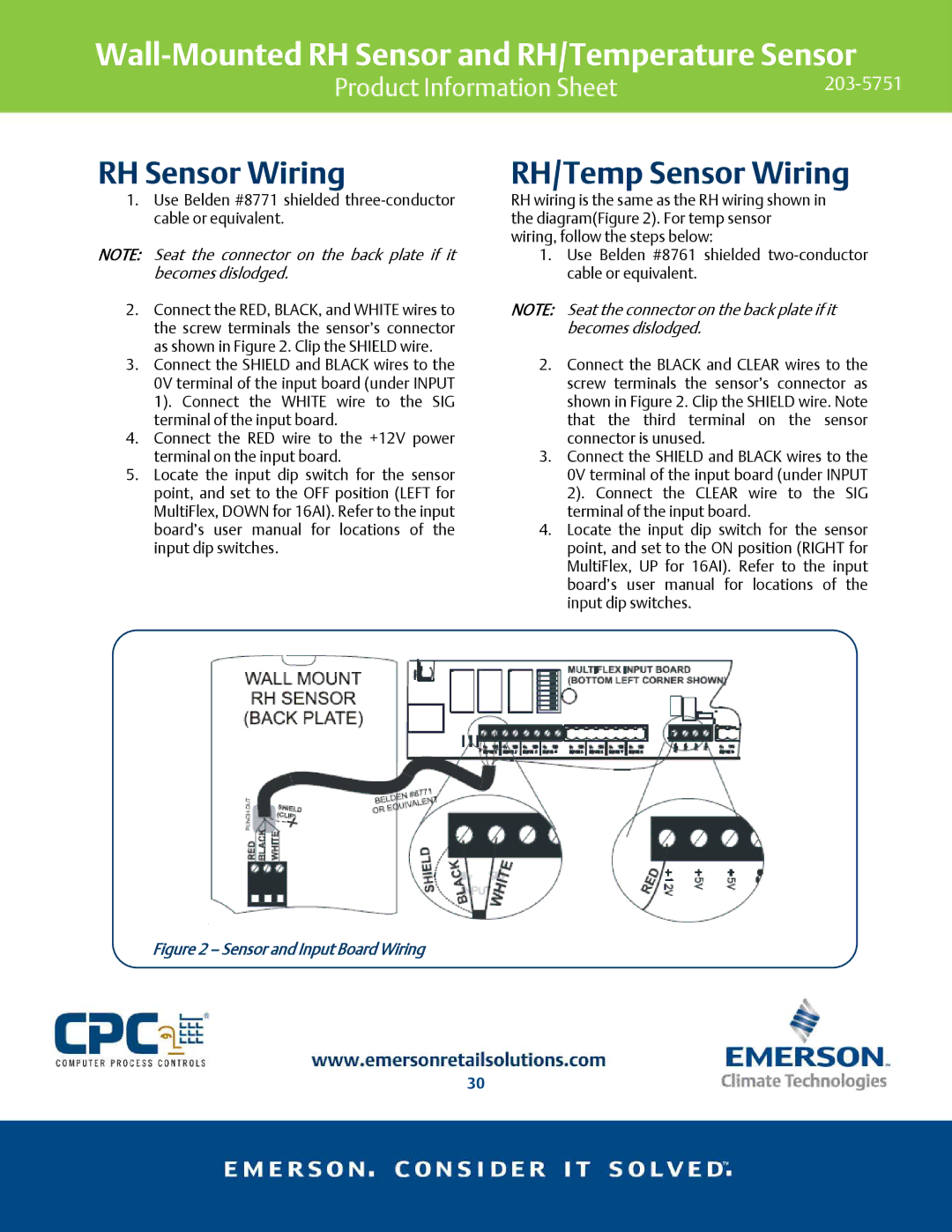 Emerson 203-5751 specifications RH Sensor Wiring, RH/Temp Sensor Wiring 