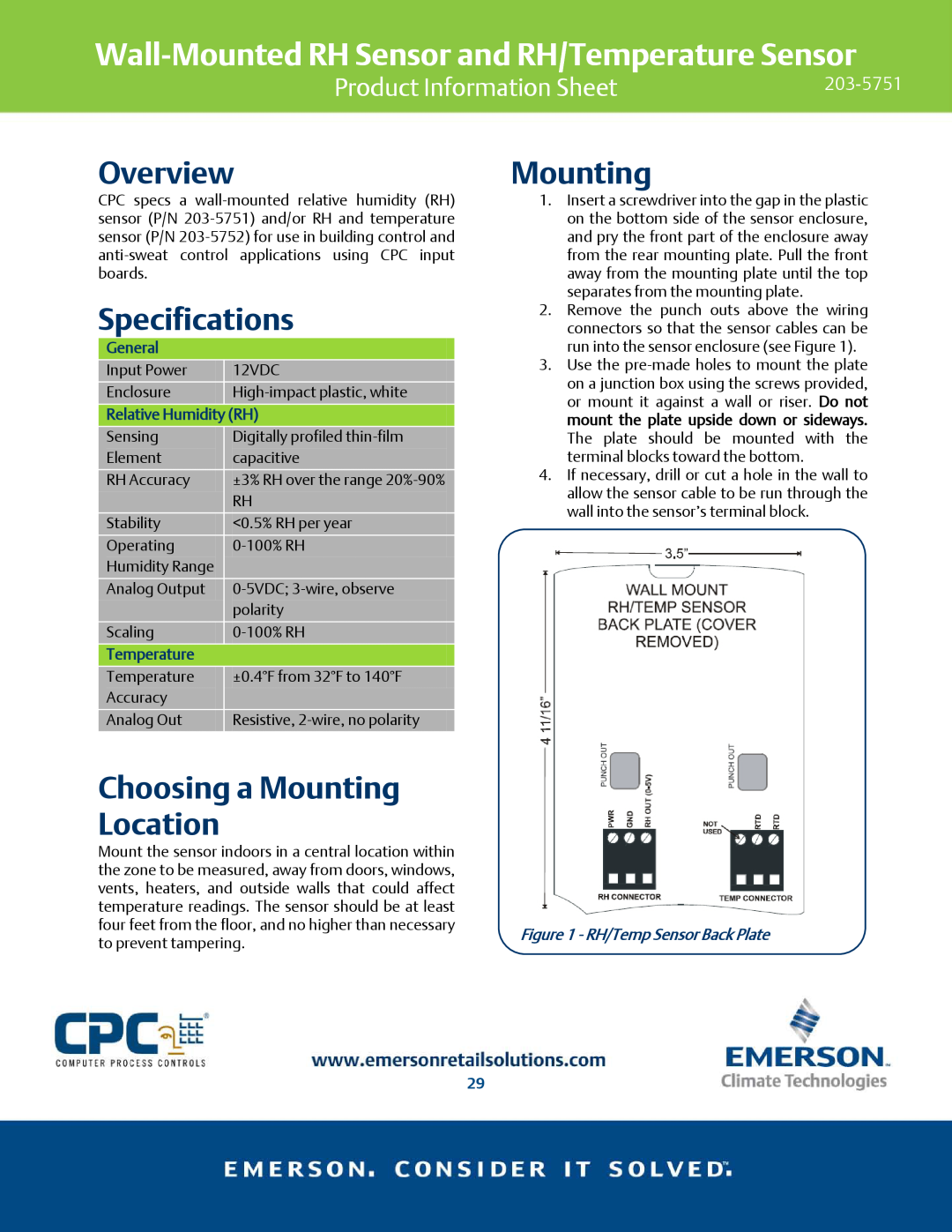 Emerson 203-5751 specifications Wall-MountedRH Sensor and RH/Temperature Sensor, Overview, Specifications, Mounting 