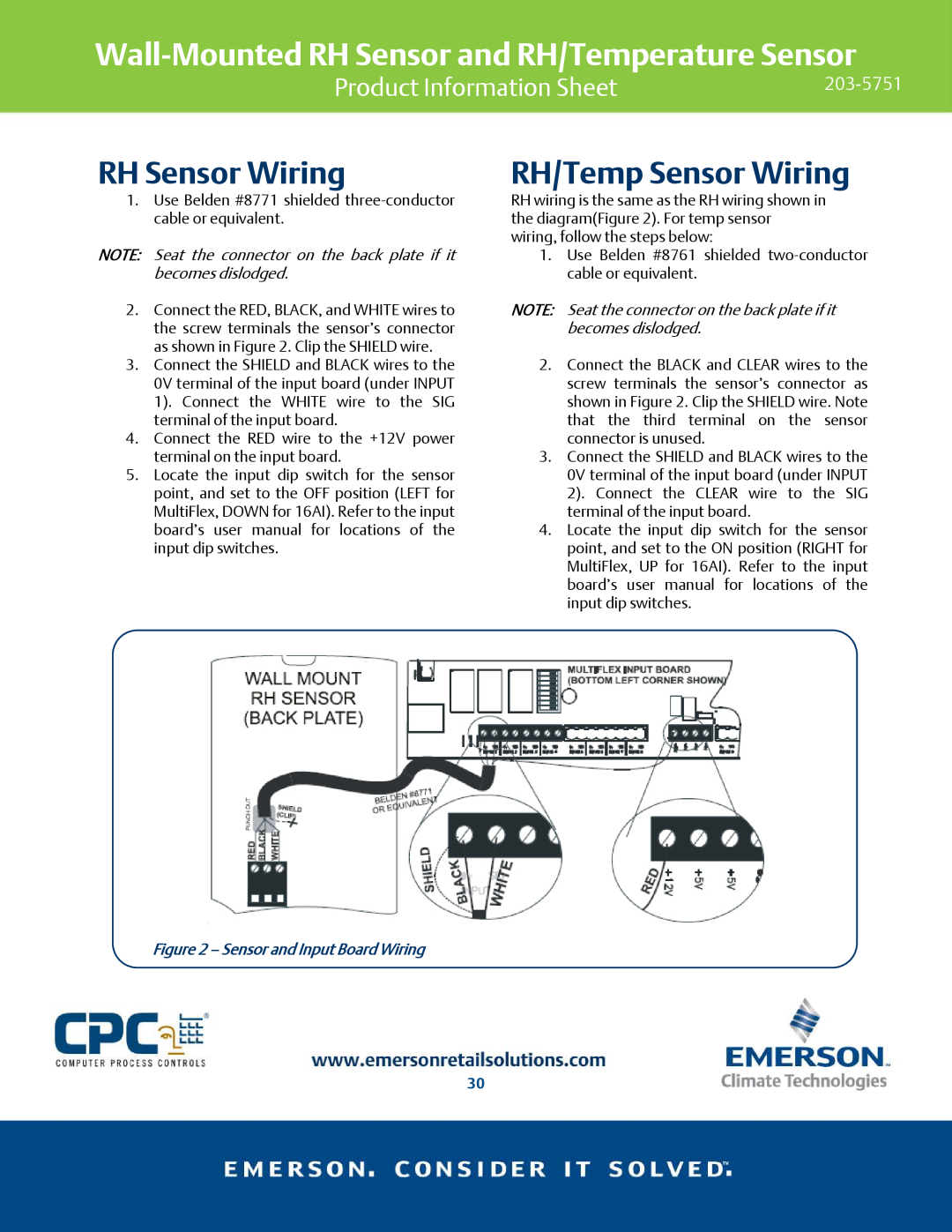 Emerson 203-5751 RH Sensor Wiring, RH/Temp Sensor Wiring, Sensor and Input Board Wiring, Product Information Sheet 