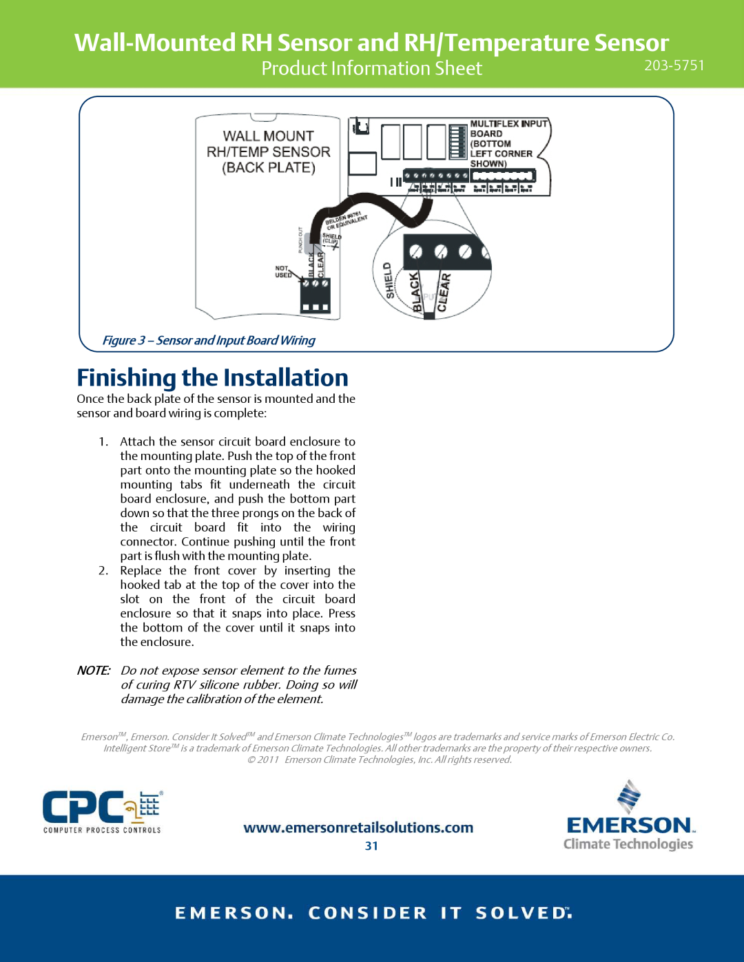 Emerson 203-5751 specifications Finishing the Installation, Sensor and Input Board Wiring, Product Information Sheet 