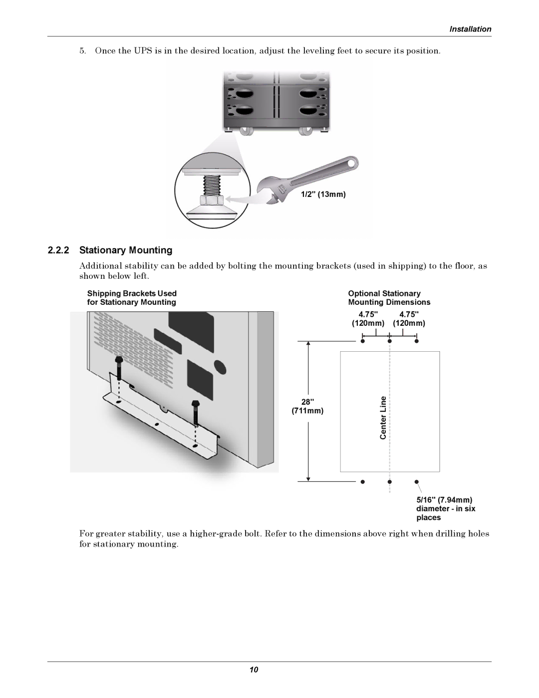 Emerson 208, 240V user manual Stationary Mounting 