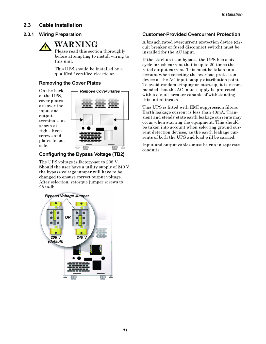 Emerson 240V, 208 user manual Cable Installation, Wiring Preparation, Configuring the Bypass Voltage TB2 