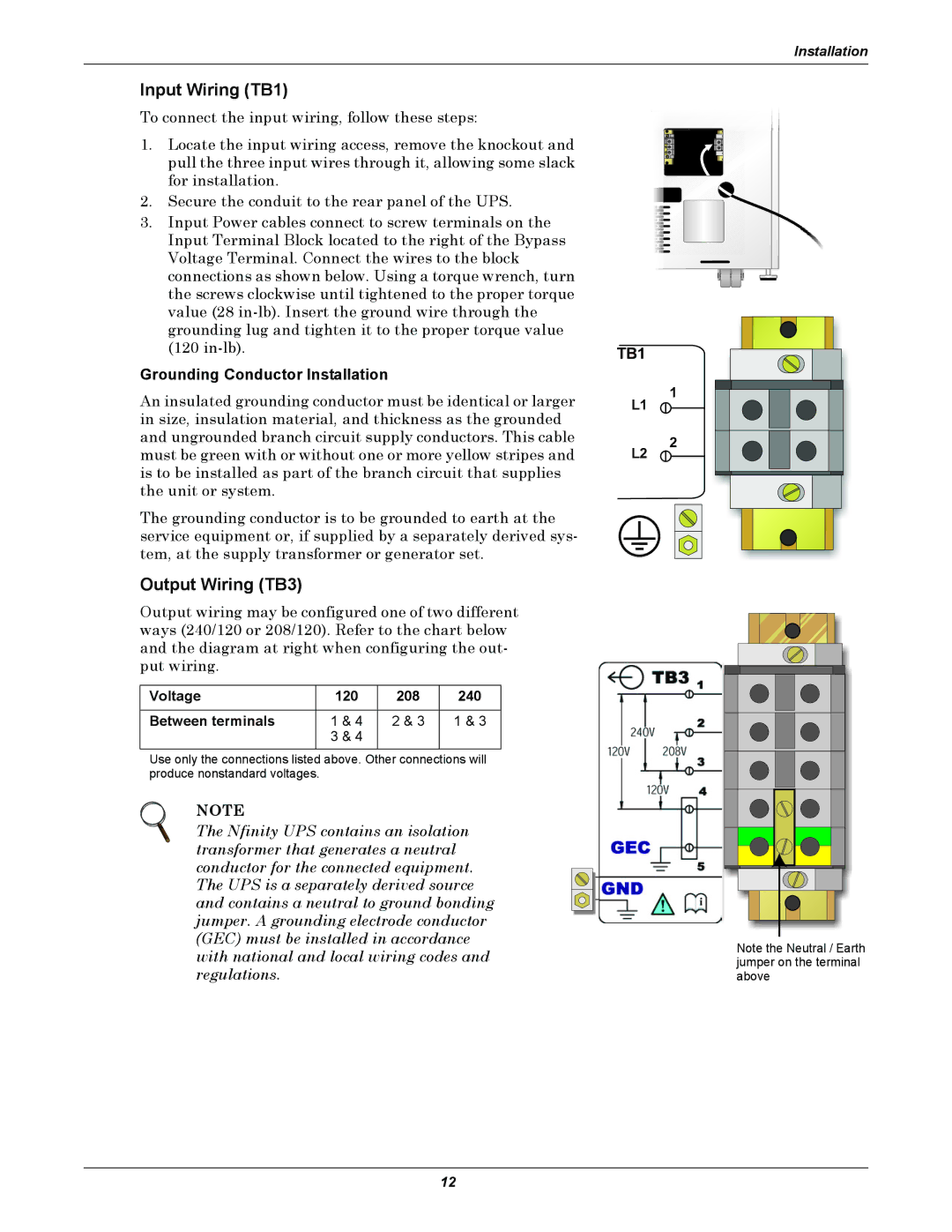 Emerson 208, 240V user manual Input Wiring TB1, Output Wiring TB3, Grounding Conductor Installation 