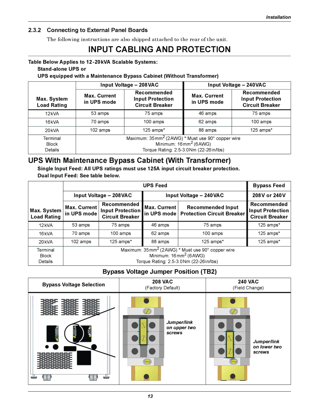 Emerson 240V, 208 user manual Connecting to External Panel Boards, Bypass Voltage Jumper Position TB2 