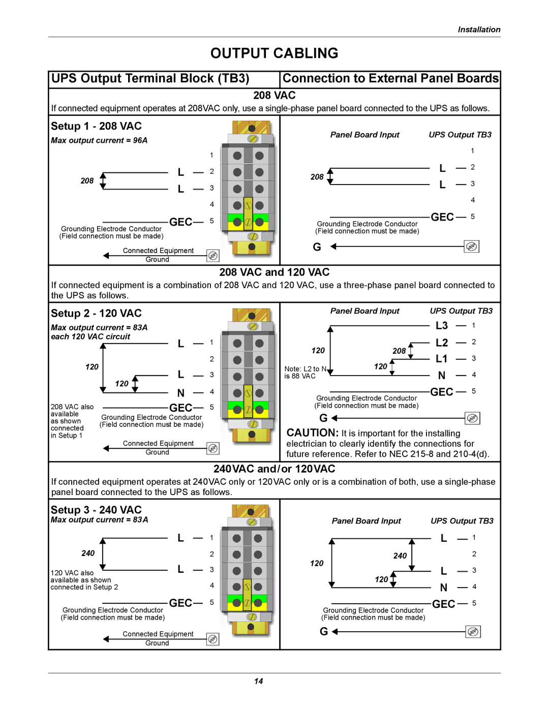 Emerson user manual Setup 1 208 VAC, VAC and 120 VAC, Setup 2 120 VAC, 240VAC and/or 120VAC, Setup 3 240 VAC 