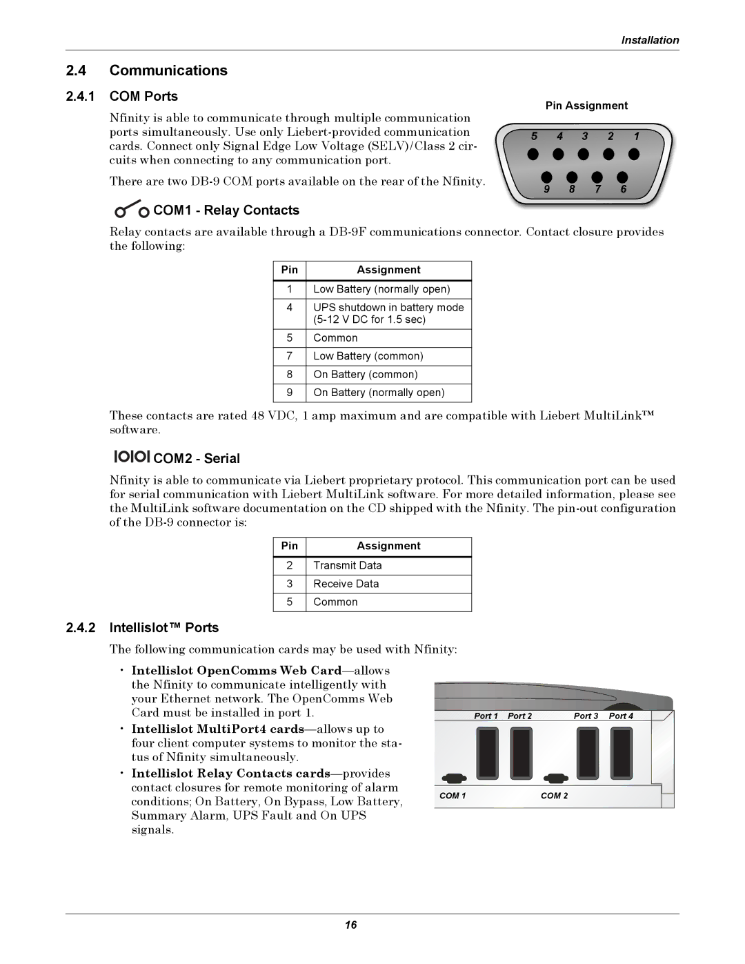 Emerson 208, 240V user manual Communications, COM Ports, COM1 Relay Contacts, COM2 Serial, Intellislot Ports 