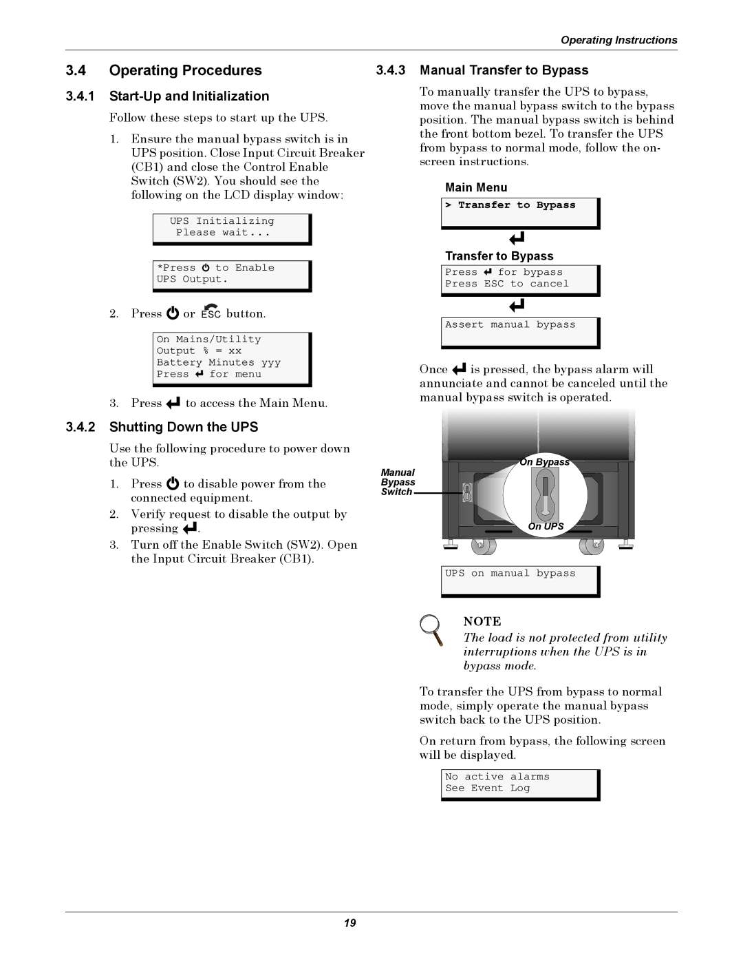 Emerson 240V, 208 Operating Procedures, Start-Up and Initialization, Manual Transfer to Bypass, Shutting Down the UPS 