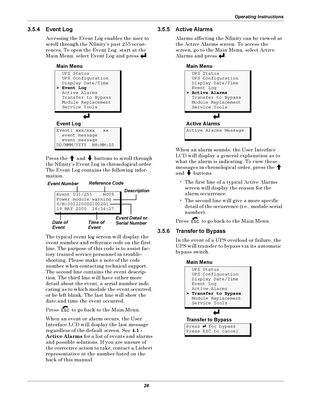 Emerson 208, 240V user manual Event Log, Active Alarms, Transfer to Bypass 