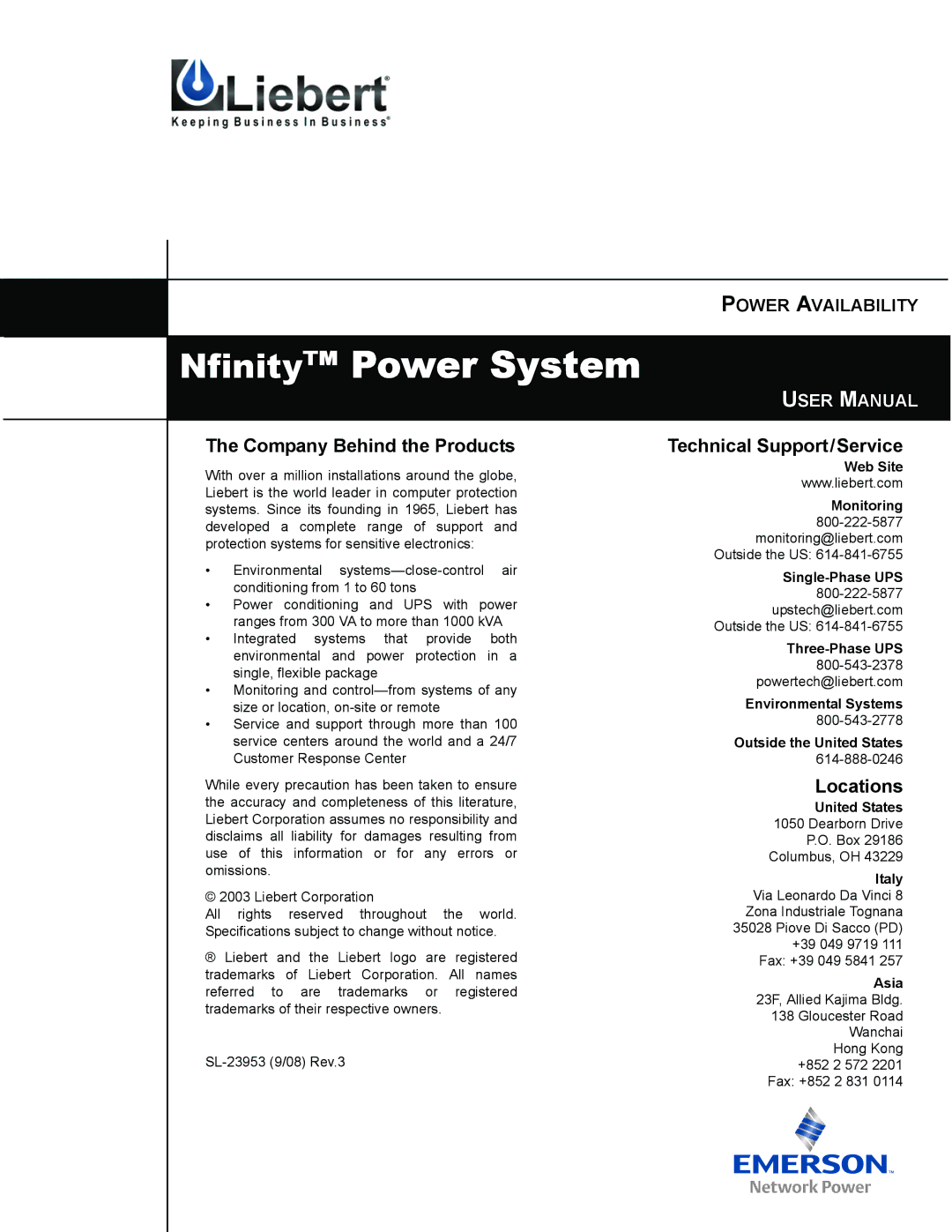 Emerson 208, 240V user manual Company Behind the Products, Technical Support/Service, Locations 