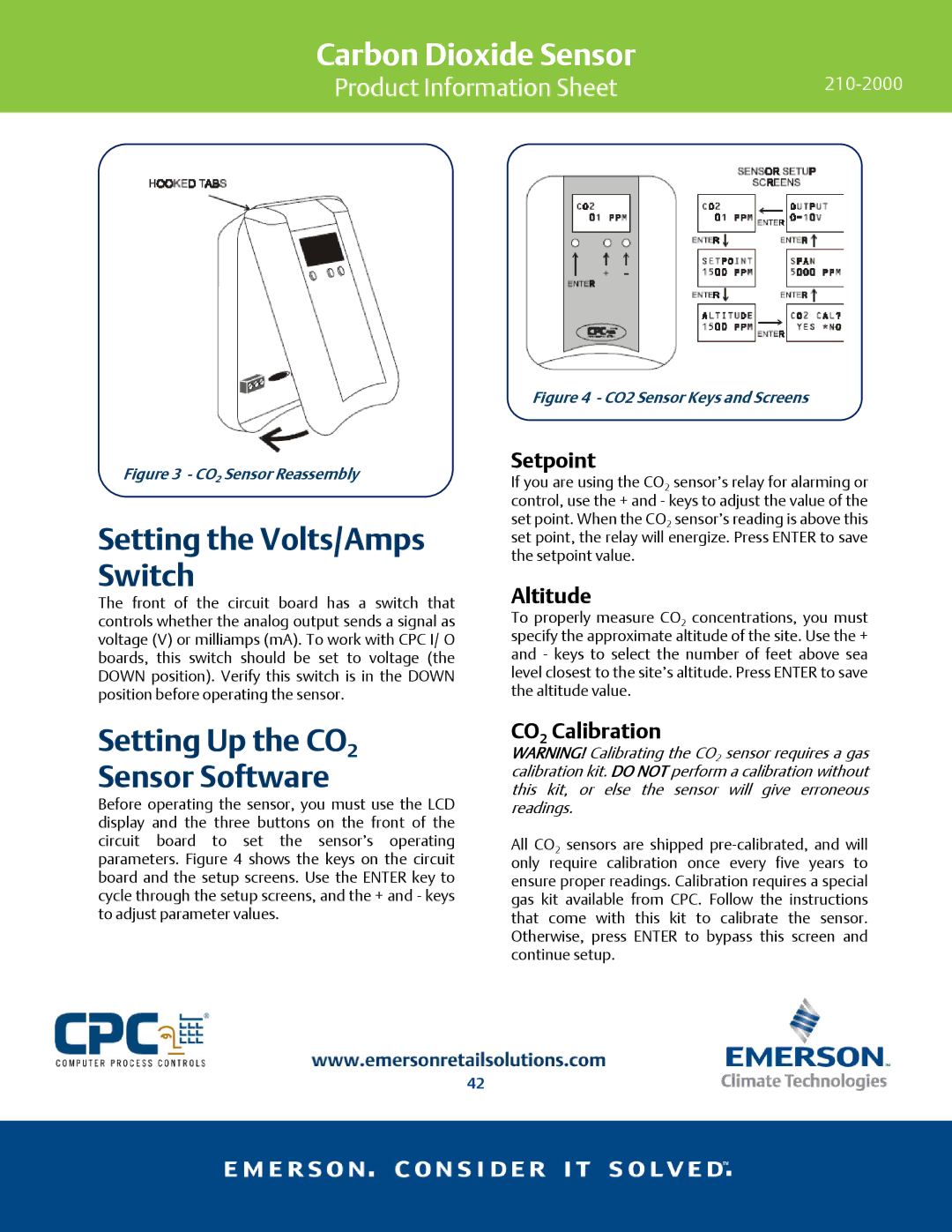 Emerson 210-2000 Setting the Volts/Amps Switch, Setting Up the CO2 Sensor Software, Setpoint, Altitude, CO2 Calibration 