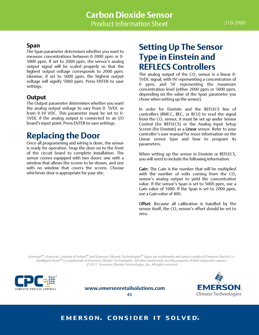 Emerson 210-2000 manual Replacing the Door, Setting Up The Sensor Type in Einstein Reflecs Controllers, Span, Output 