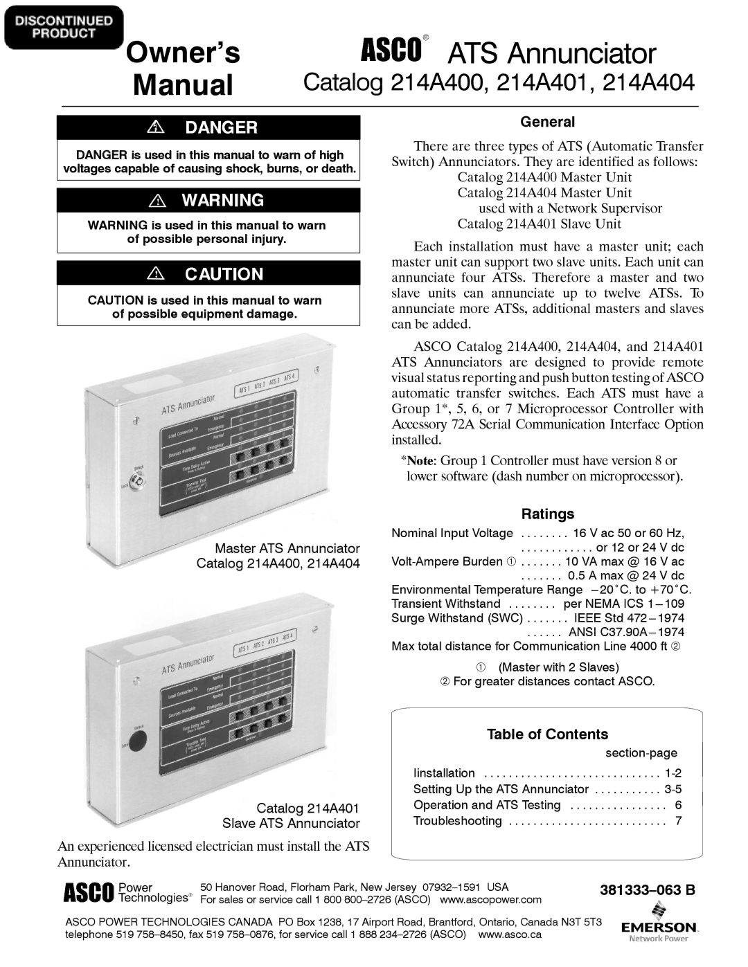 Emerson 214A404, 214A401, 214A400 owner manual General, Ratings, Table of Contents 