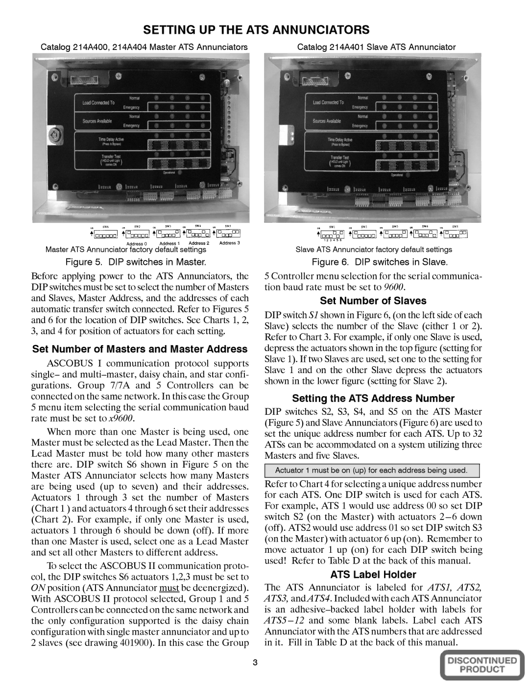 Emerson 214A404, 214A401 Setting UP the ATS Annunciators, Set Number of Masters and Master Address, Set Number of Slaves 