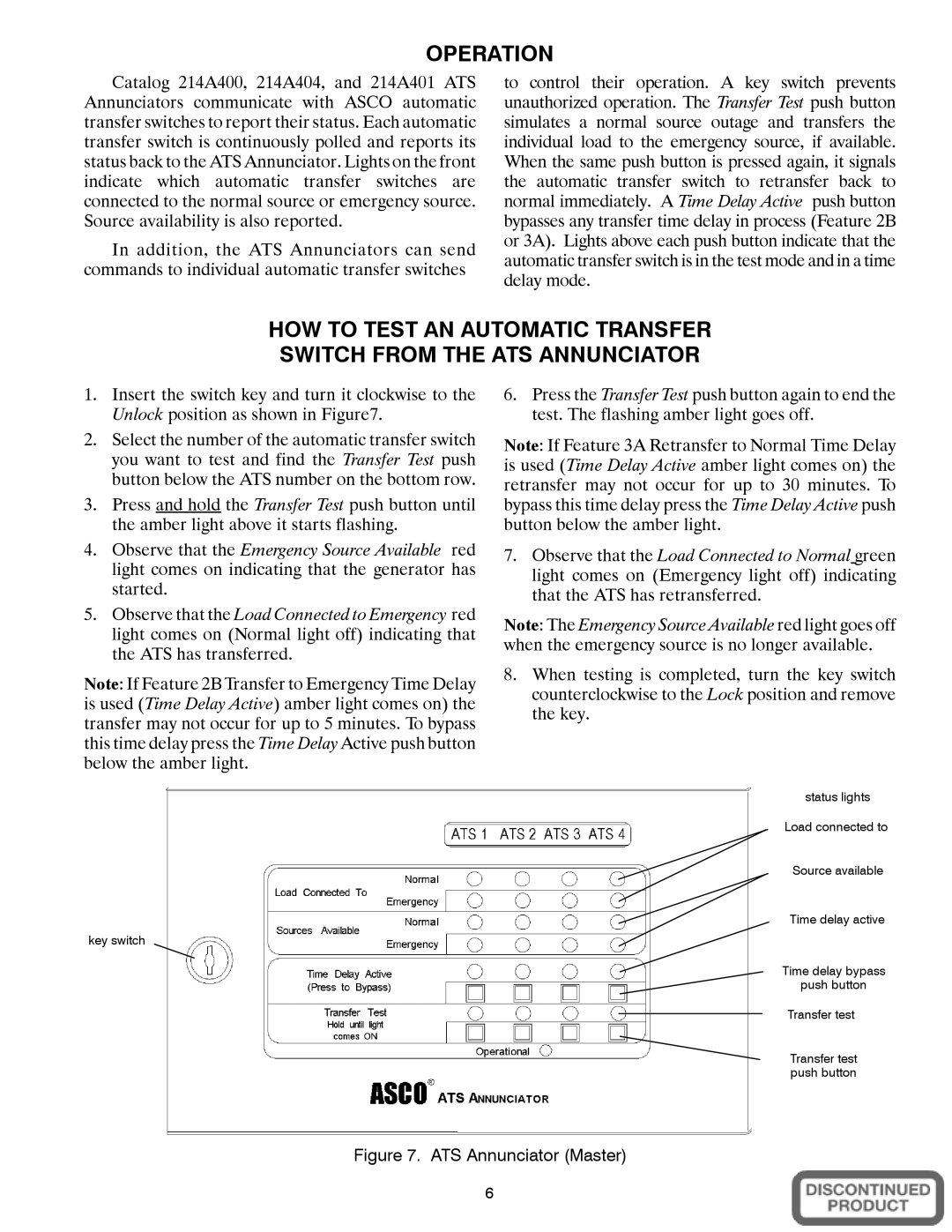 Emerson 214A404, 214A401, 214A400 owner manual Operation, ATS Annunciator Master 