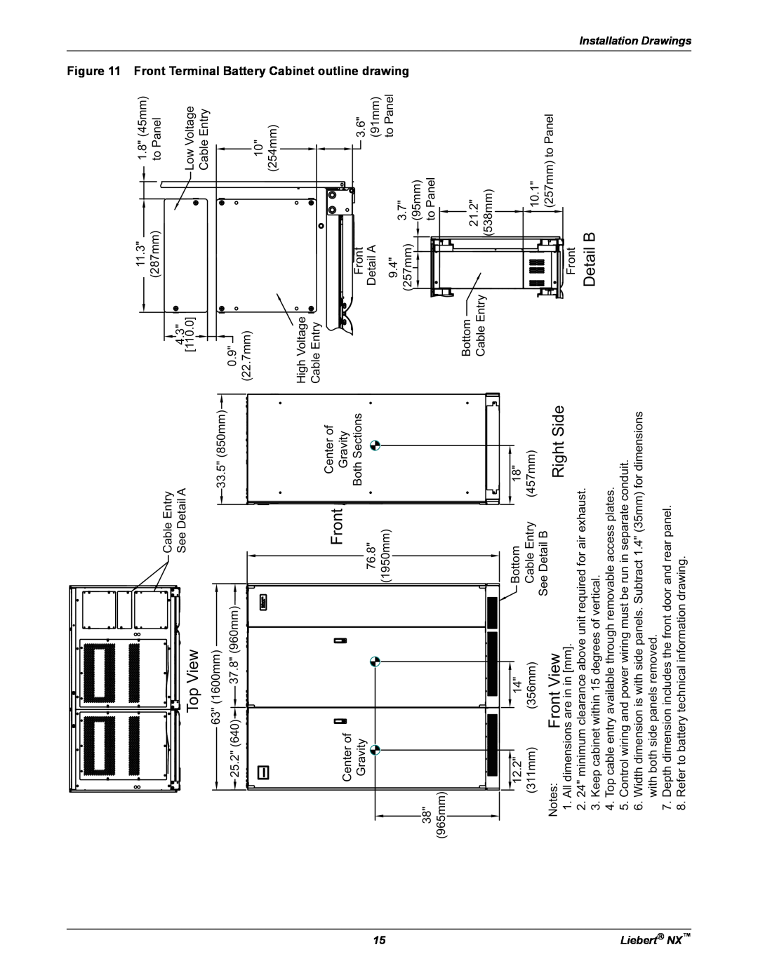Emerson 225-600KVA installation manual Top View, Front View, Right Side, Detail B 